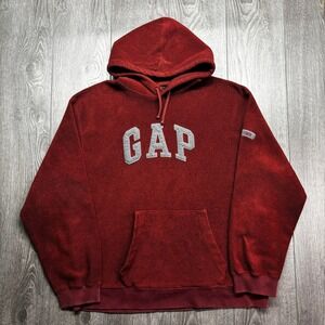 GAP Mens Fleece Hoodie Burgundy Red Arch Logo Pullover Sweatshirt 1969 Large